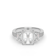 White Gold Emerald Cut Diamond Three Stone Pave Engagement Ring With Prong Setting